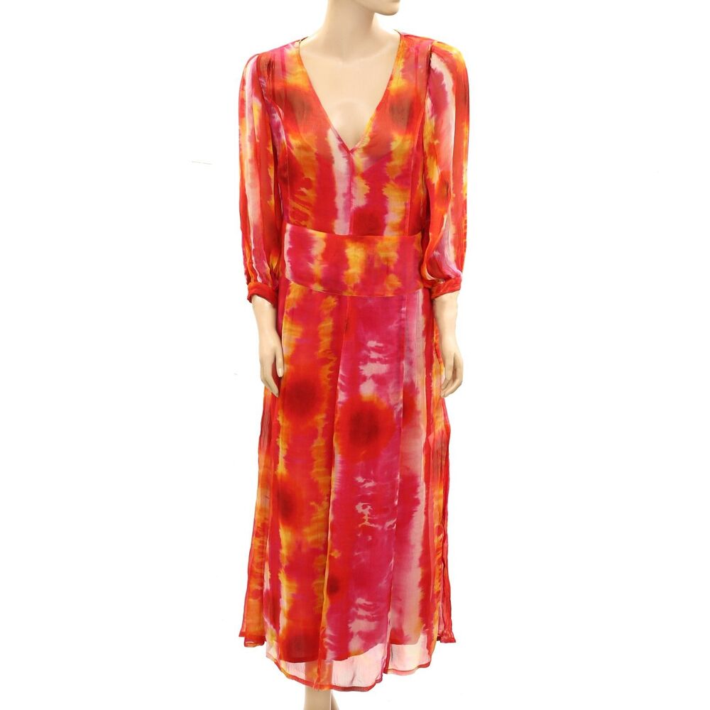 Saks Potts Dalia Maxi Long Dress Tie Dye Printed Silk Sheer Ruffle XS New 278337